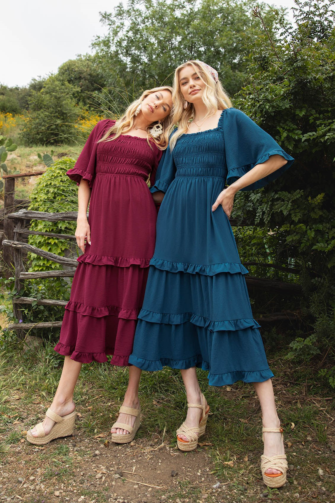 Maroon Smocked Tiered Midi Dress