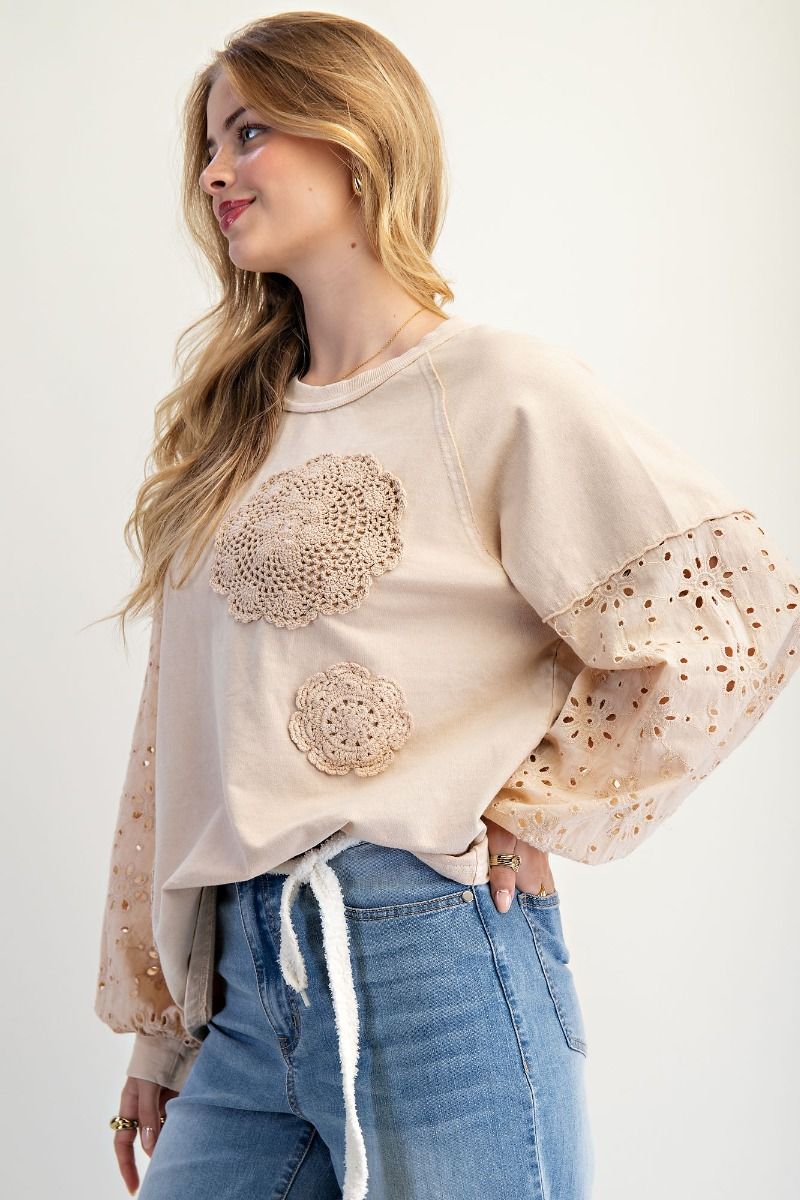 Crochet Eyelet Lace Terry Pullover