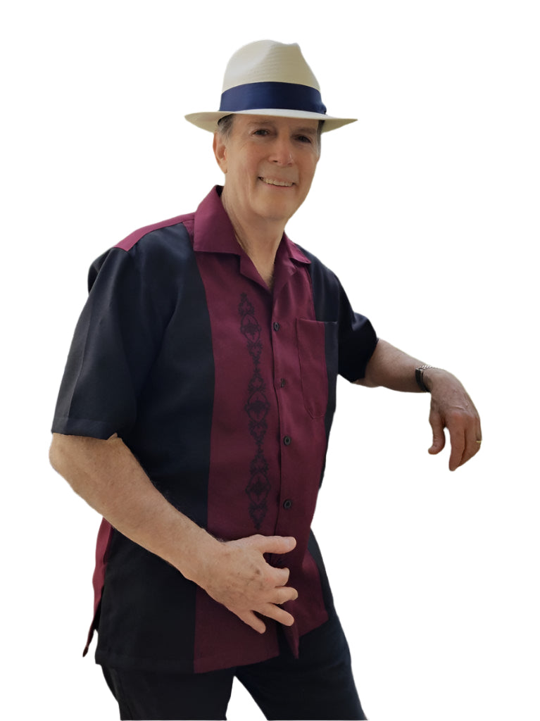 Burgundy w/ Black Cuban Shirt Collar Guayabera Large Burgundy w/ Black Cuban Shirt Collar Guayabera Large