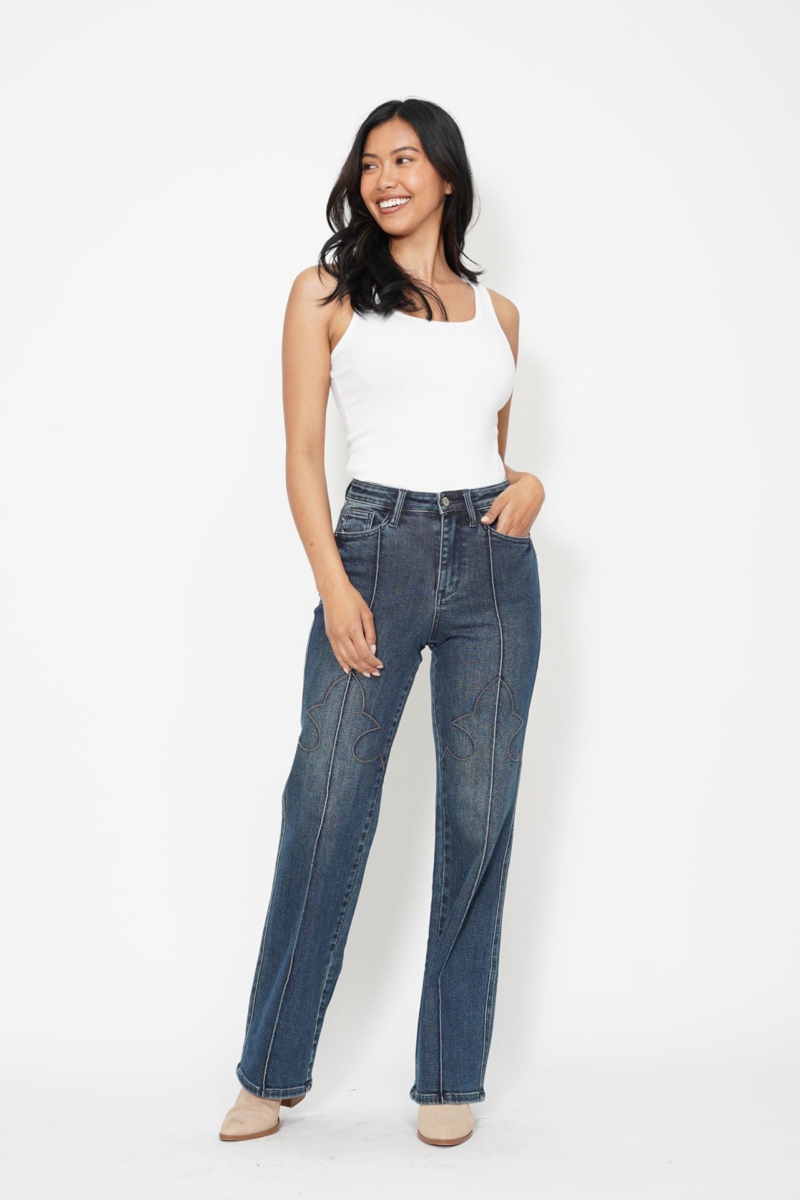 High Waist Western Seam Detail Straight Jeans by Judy Blue