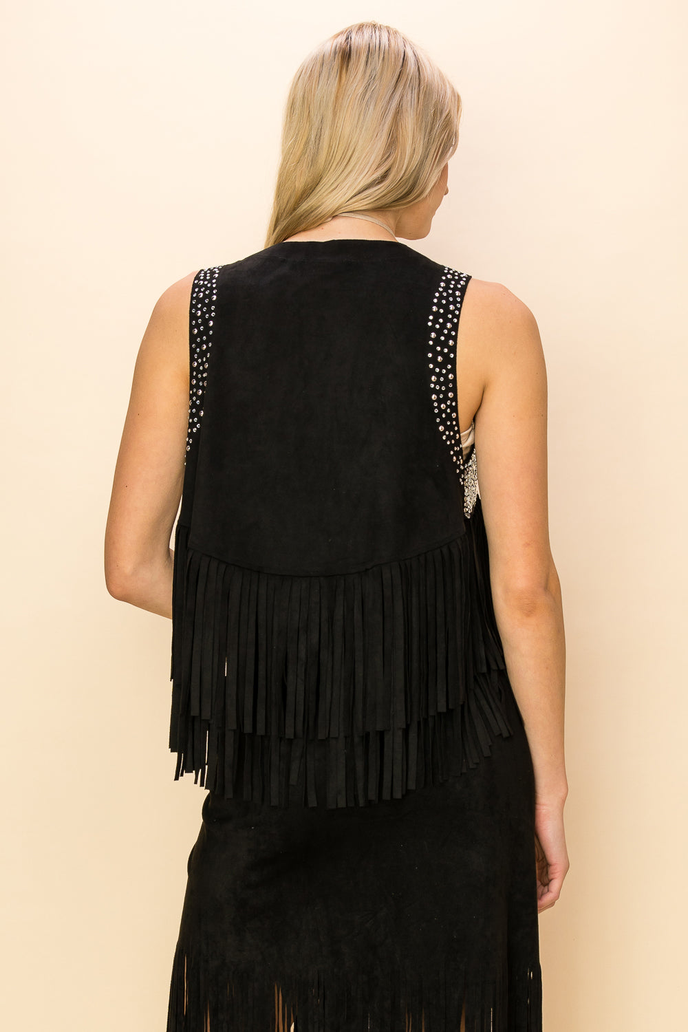 Black Faux Suede Vest w/ Fringe & Rhinestones