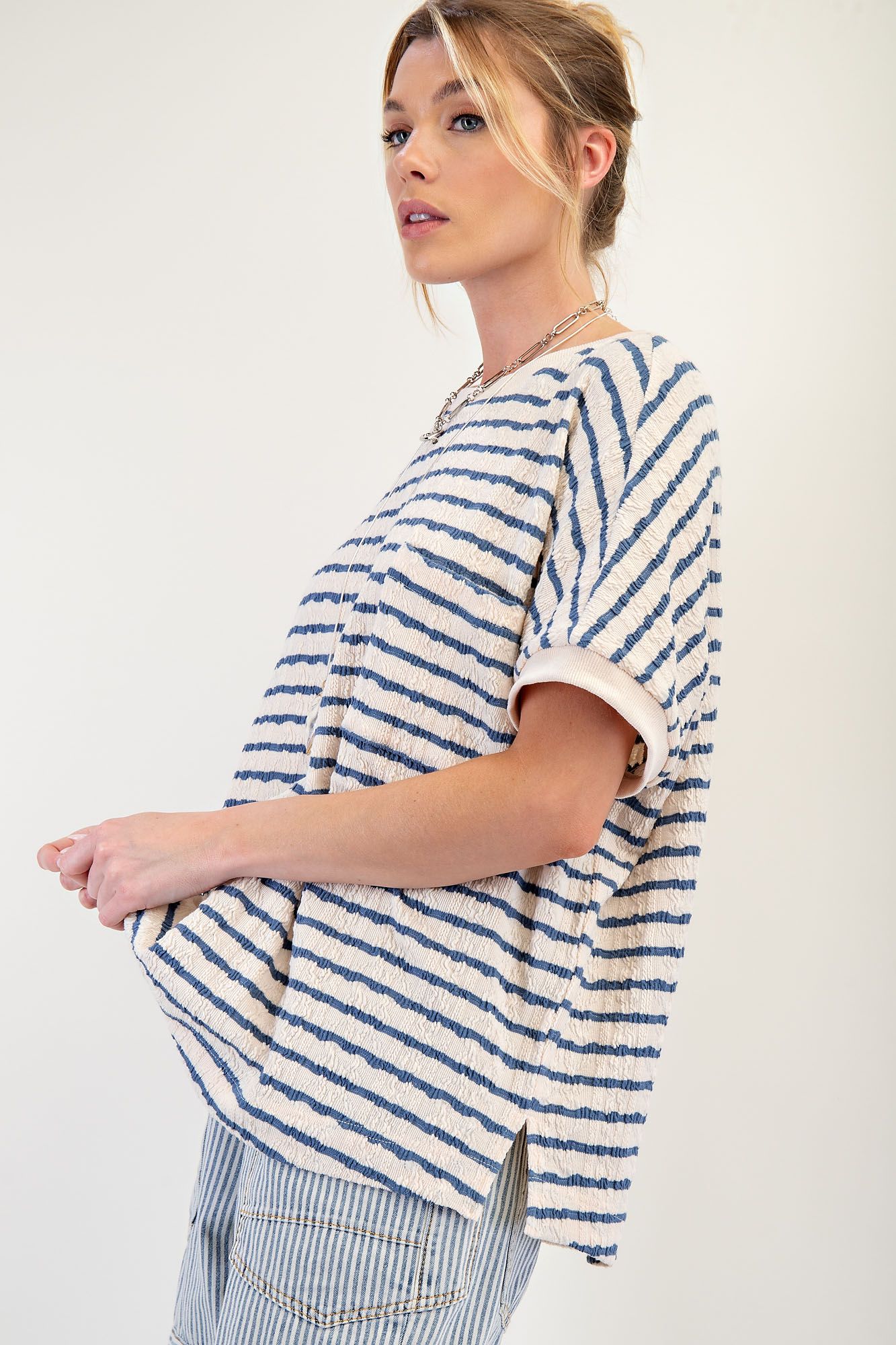 Cream w/ Denim Textured Stripe Knit Tee