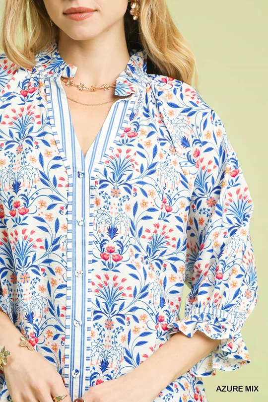 Azure Mix Botanical Floral Button-Front Blouse