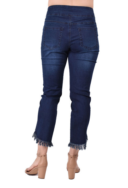 Dark Wash Pull On Frayed Jeans, by Ethyl
