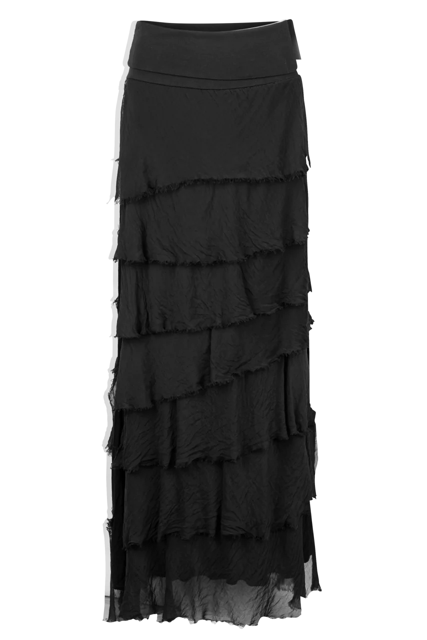 Italian-Made Black Ruffled Silk Maxi Skirt