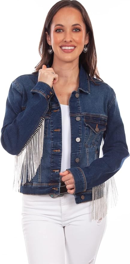 Ladies Rhinestone Fringe Denim Jacket