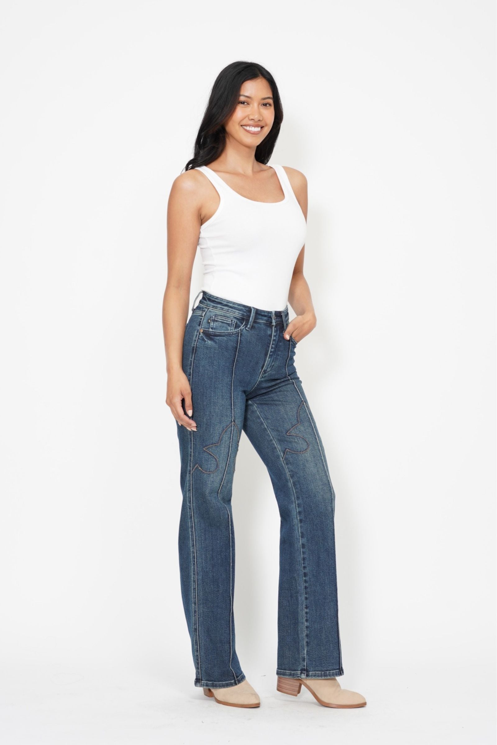 High Waist Western Seam Detail Straight Jeans by Judy Blue