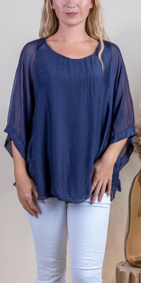 Navy Round Neck Silk Top w/ Bell Sleeves