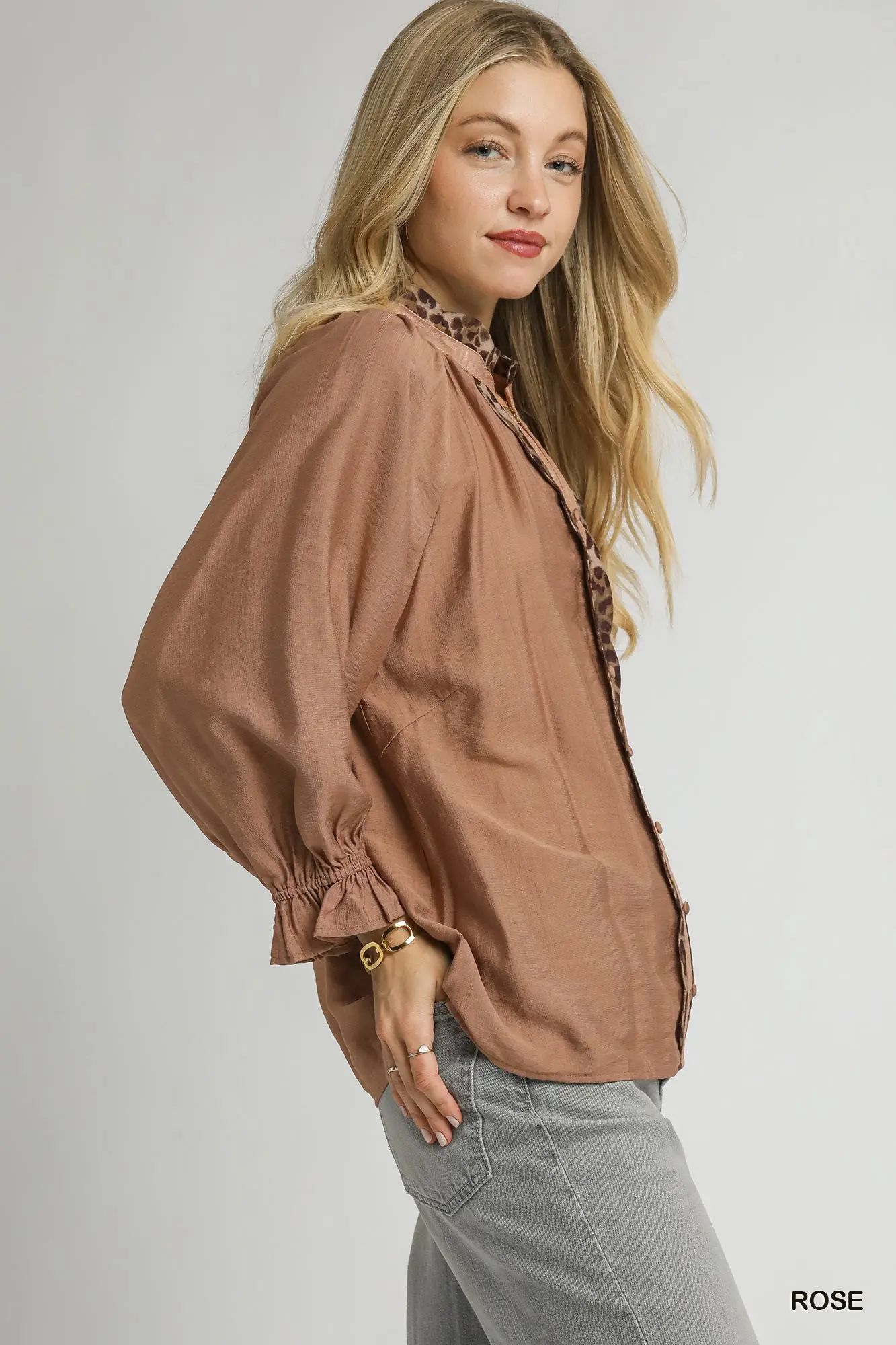 Rose Button Front Top w/ Leopard Trim