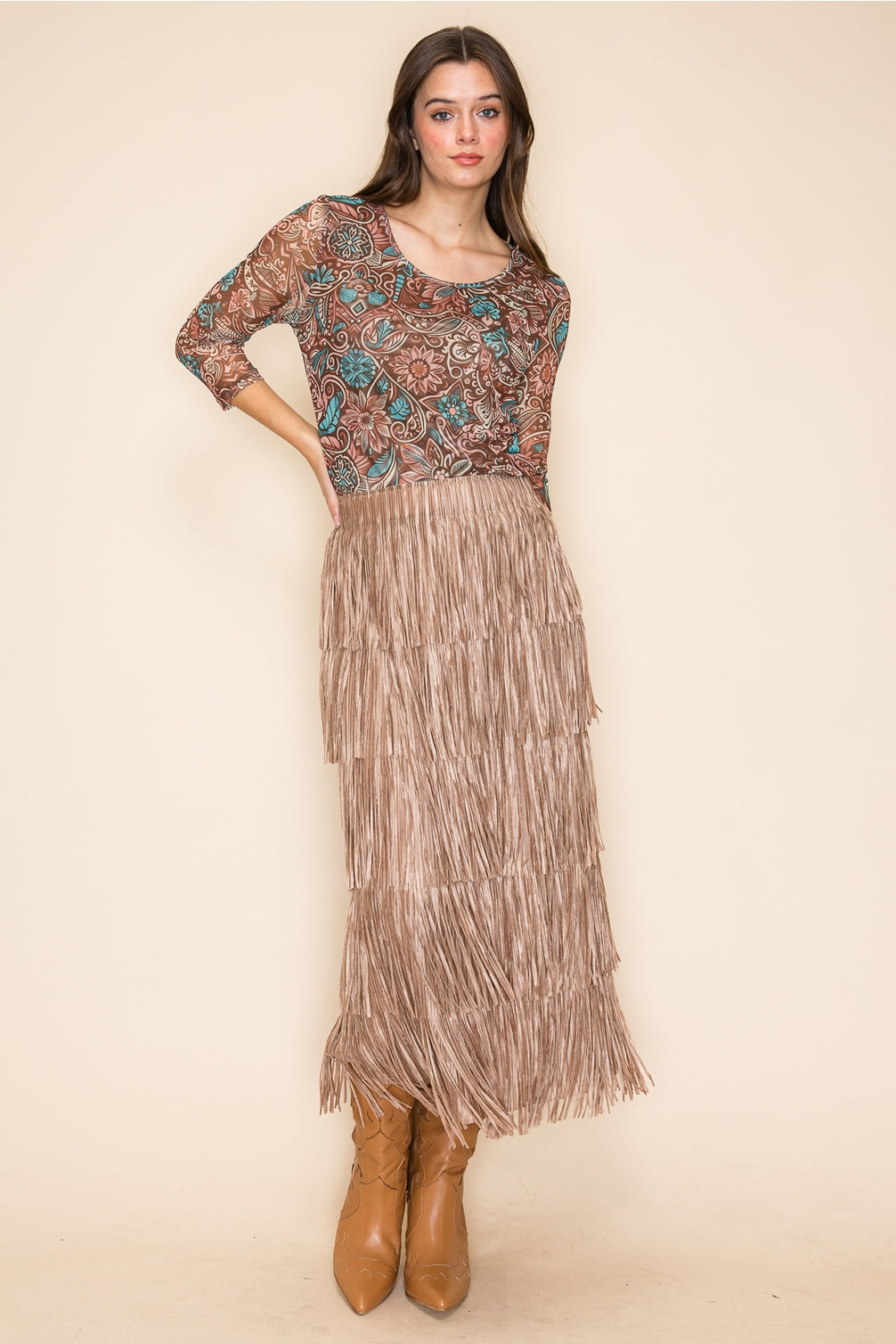 Khaki/Brown All Over Fringe Skirt