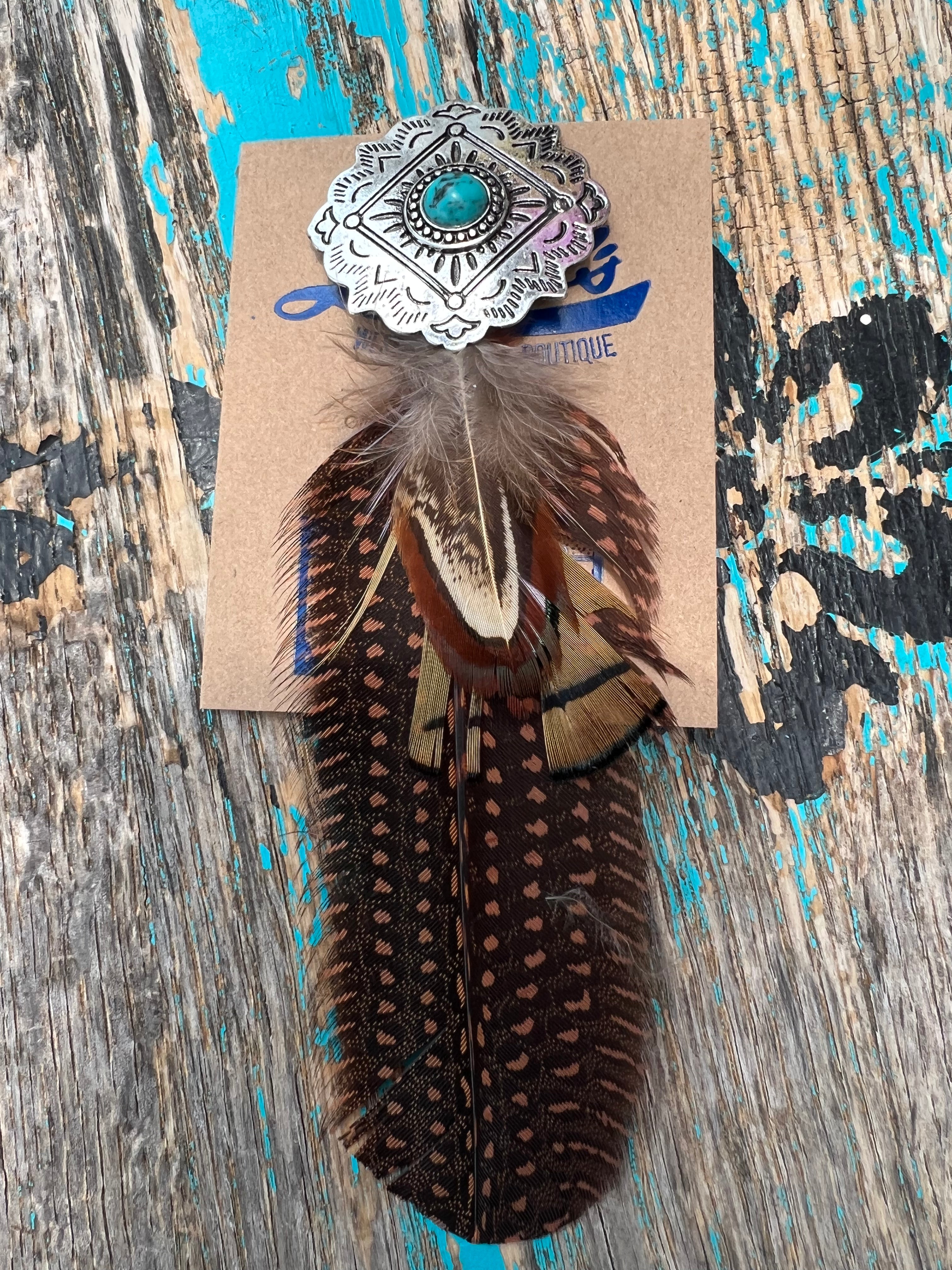 Concho & Multi Brown Feather Hat Pin/Silver