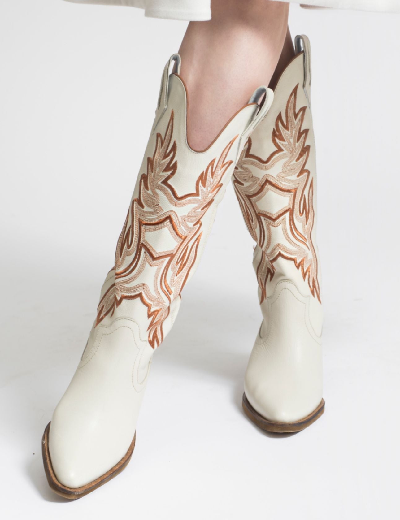 Ivory Leather Cowgirl Boots w/ Brown Embroidery