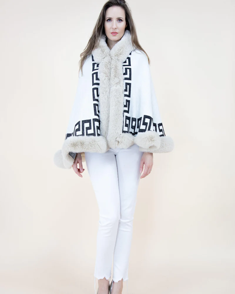 Winter White Greek Key Shawl w/ Faux Fur Trim