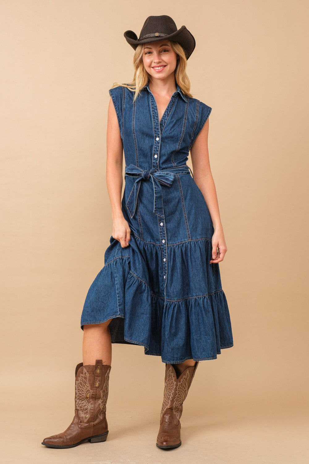 Belted Button-Up Tiered Denim Midi Dress