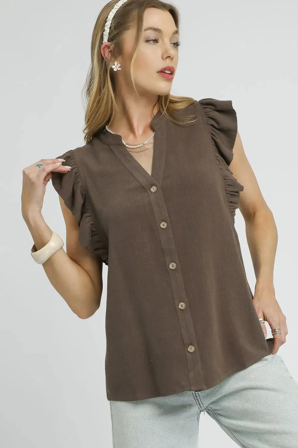 Espresso Linen Ruffle Sleeve Button Down Top