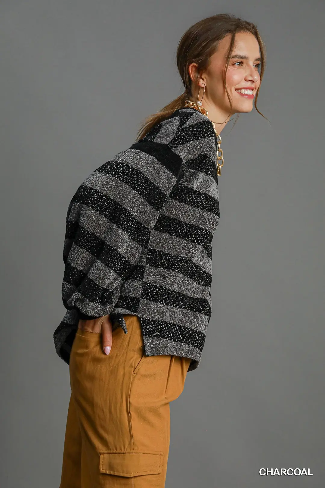 Warm & Cozy Black & Charcoal Striped Knit Top