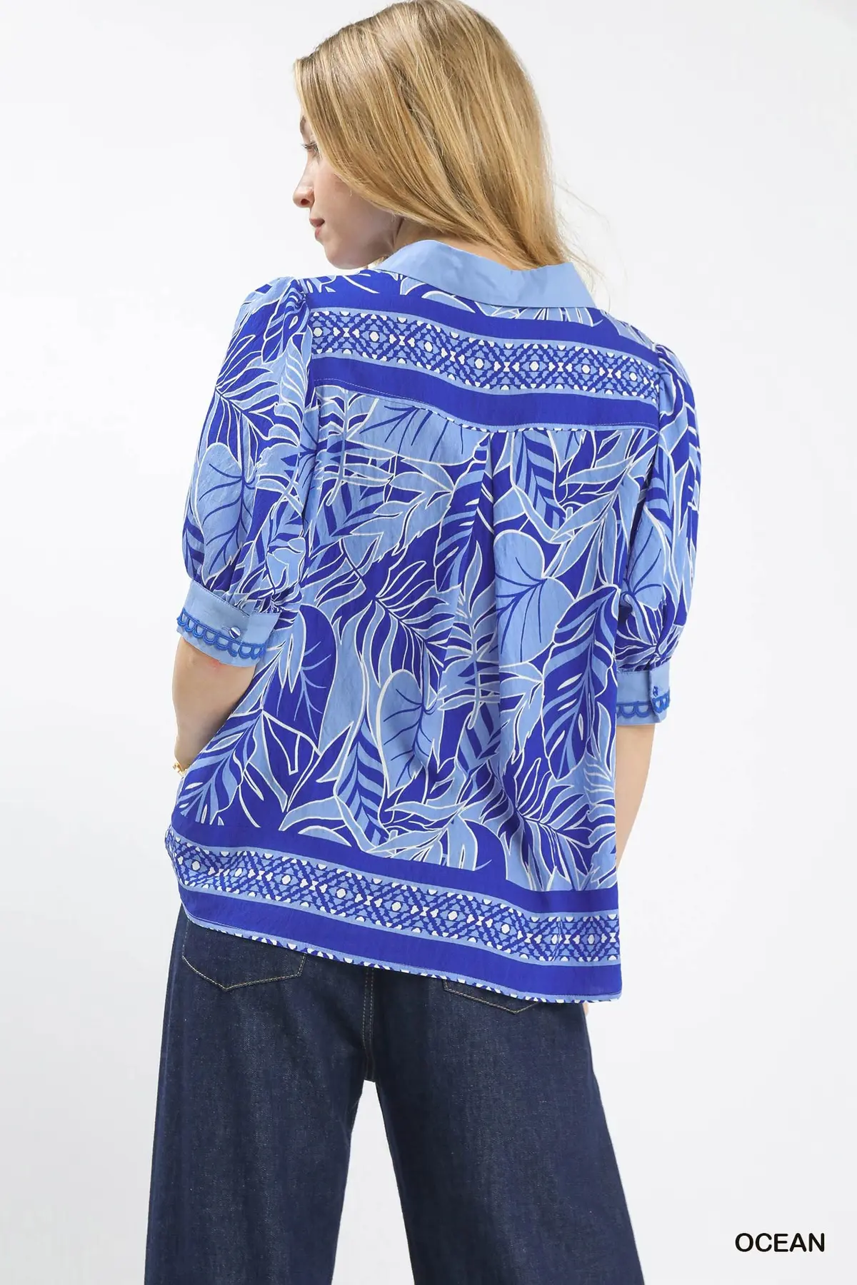 Ocean Blue Tropical Print Puff Sleeve Top