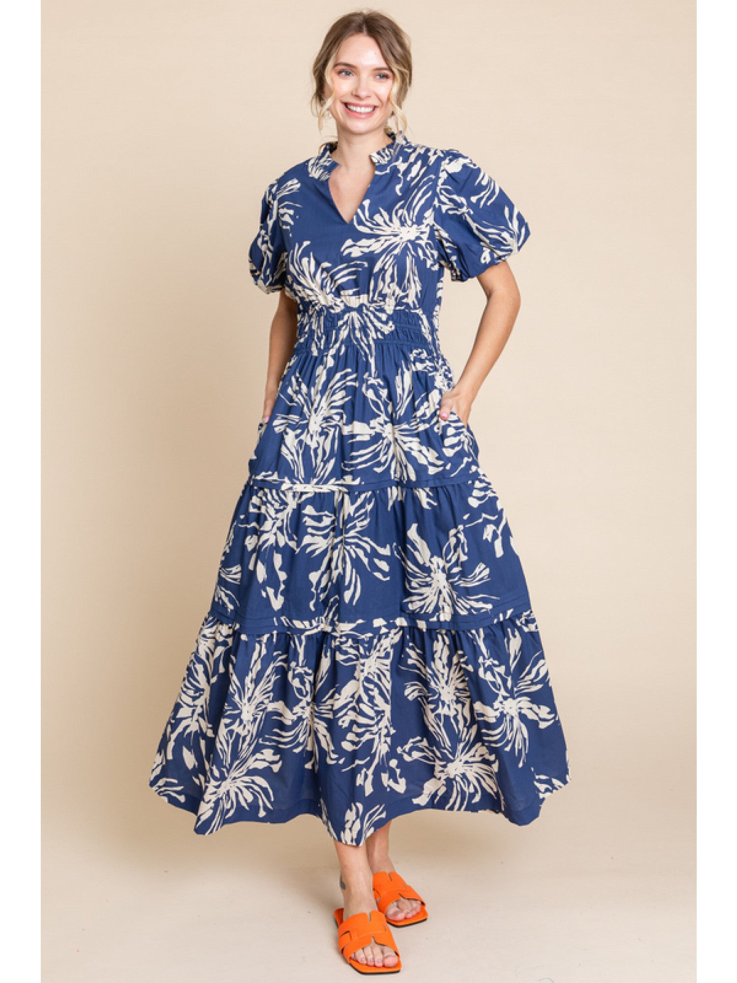 chinese dress ladies Navy & Cream Floral Tiered Maxi Dress