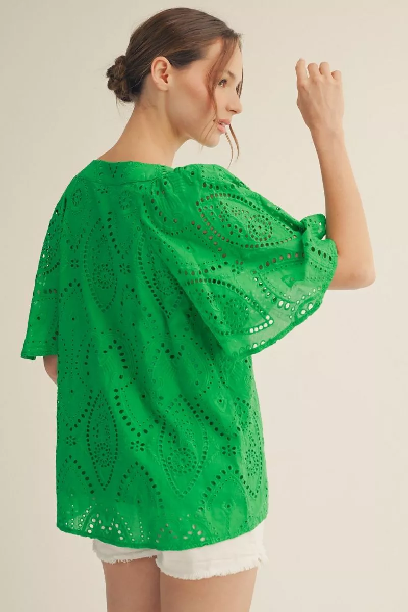 Kelly Green Eyelet Lace Top w/ Flutter Sleeves