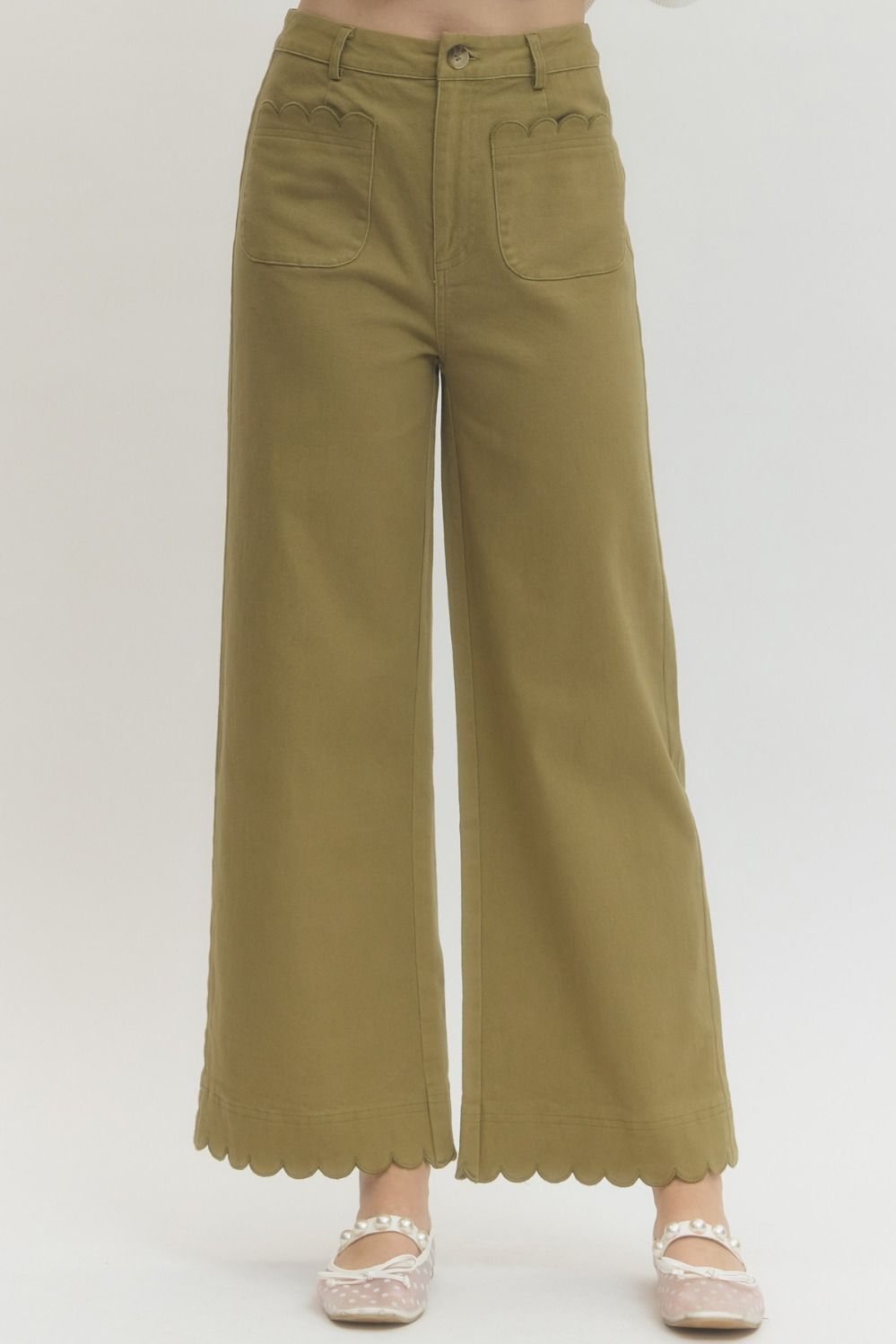 Light Olive Scallop Trim Wide Leg Pants