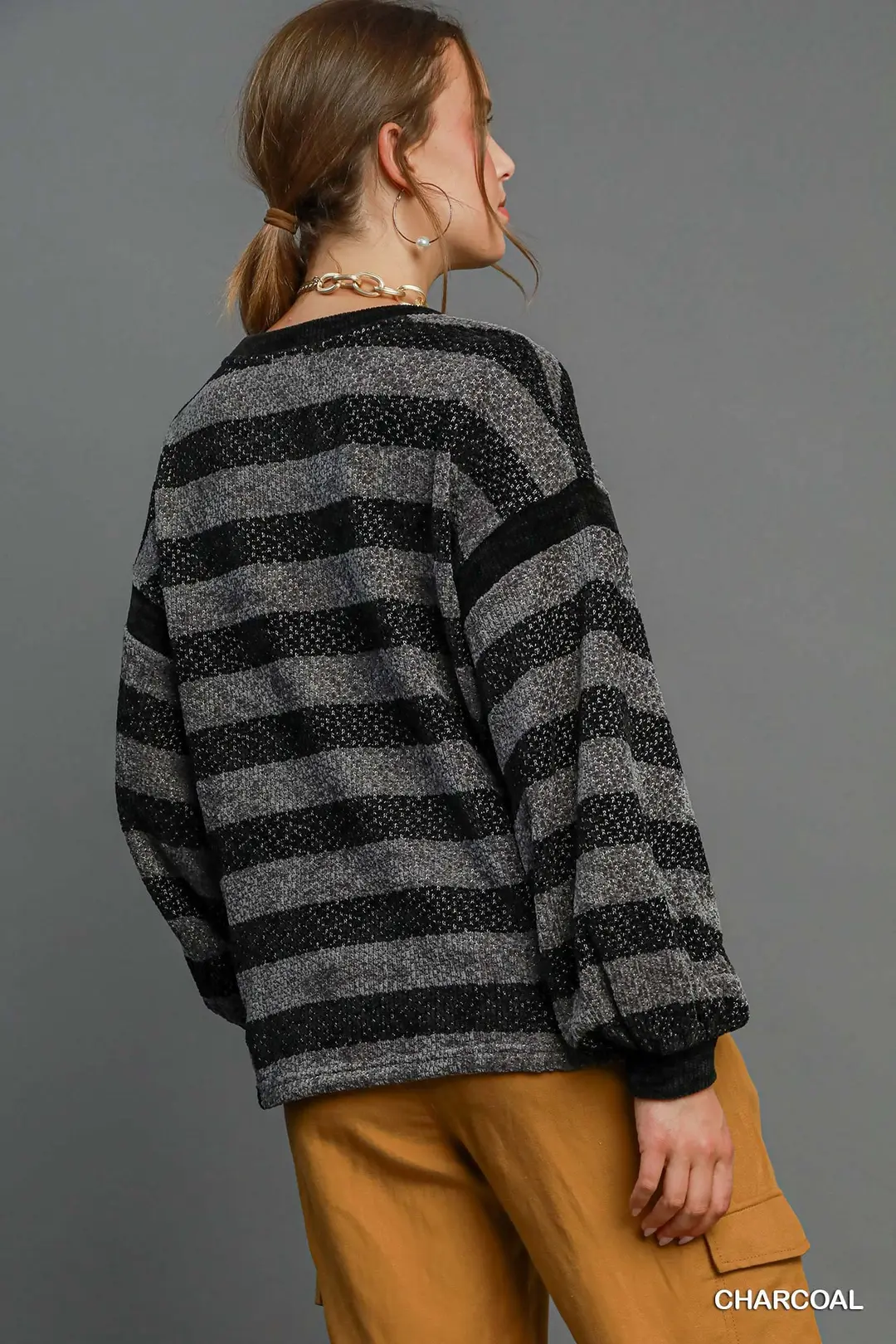 Warm & Cozy Black & Charcoal Striped Knit Top