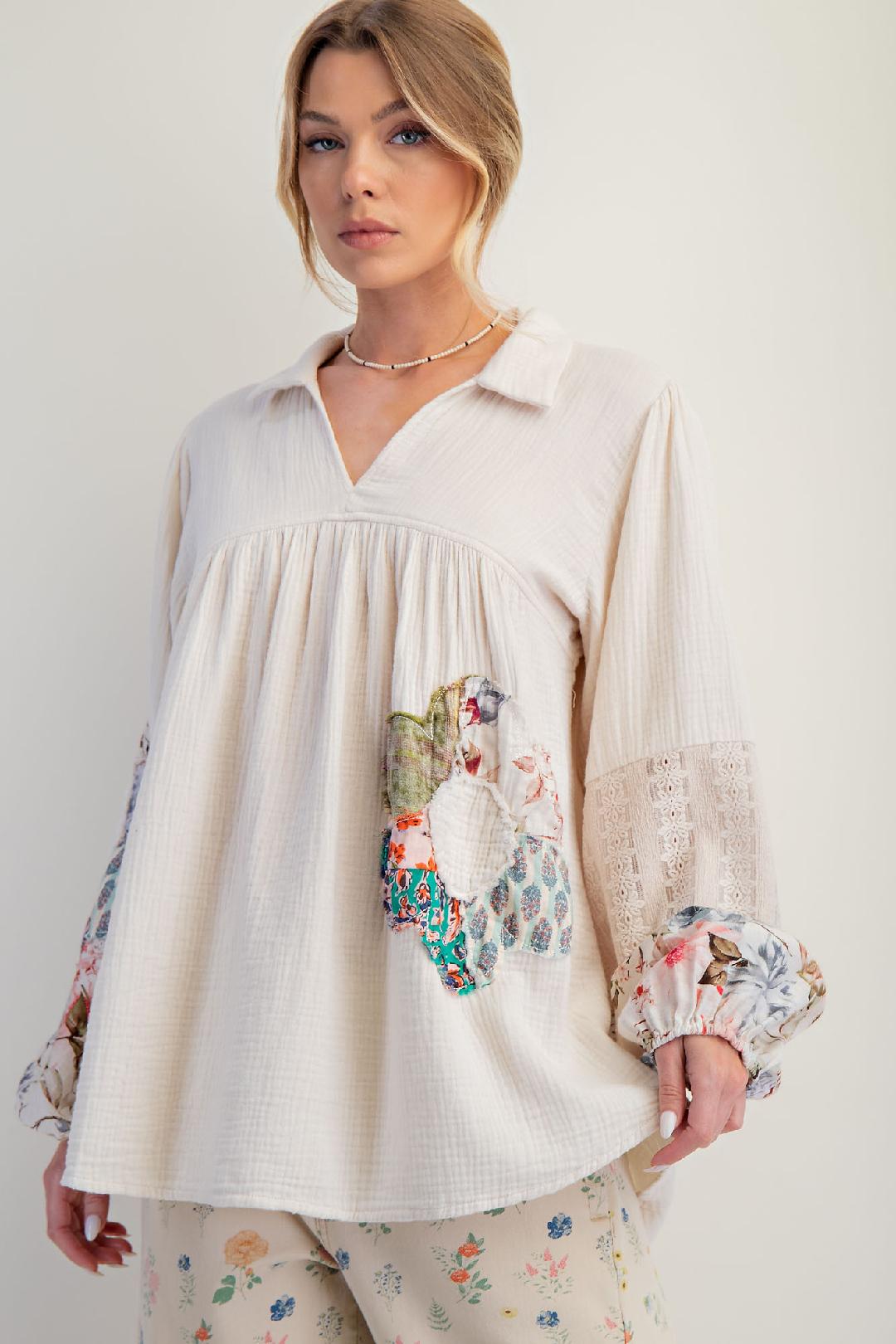 Ecru Patchwork Cotton Gauze Tunic