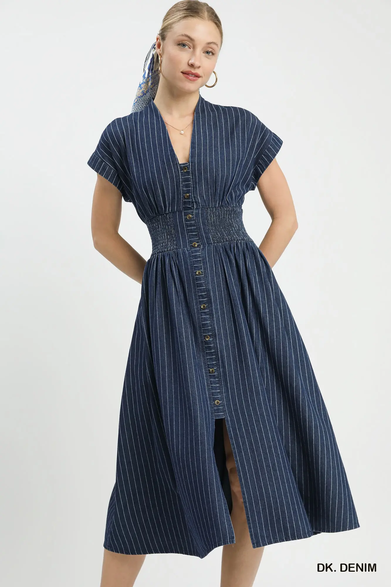 Dark Denim Pinstripe Button-Front Midi Dress