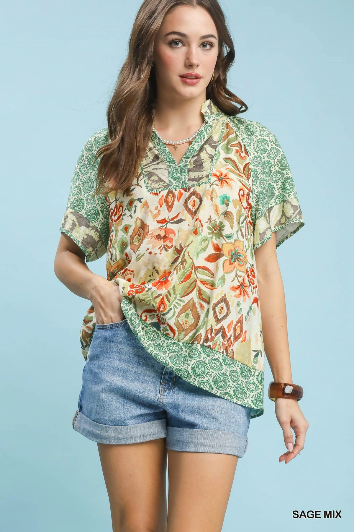 Sage Mixed Print V-Neck Short Sleeve Top