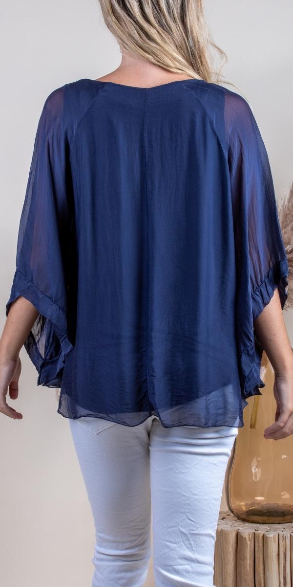 Navy Round Neck Silk Top w/ Bell Sleeves