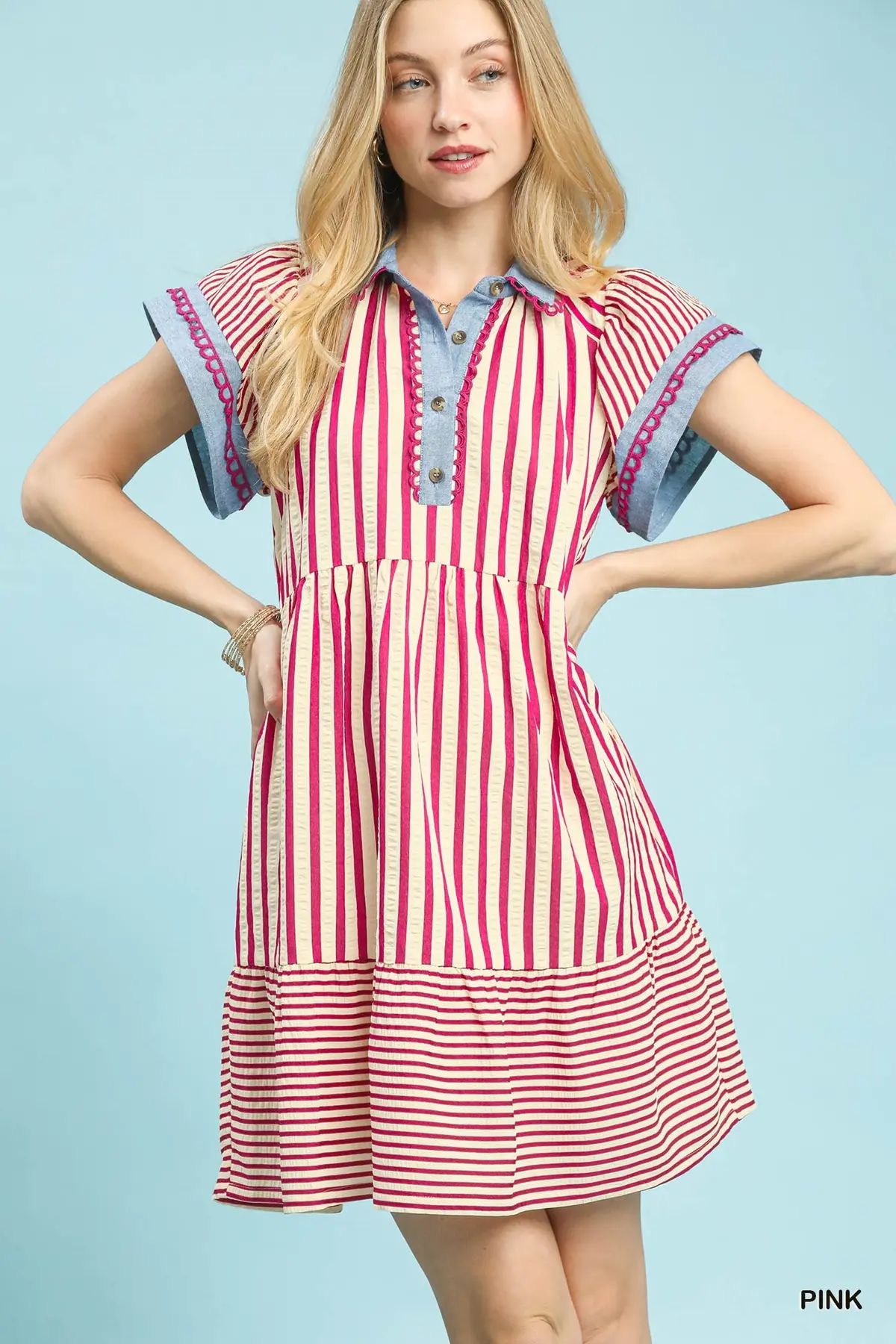 Magenta Mixed Stripe Babydoll Dress