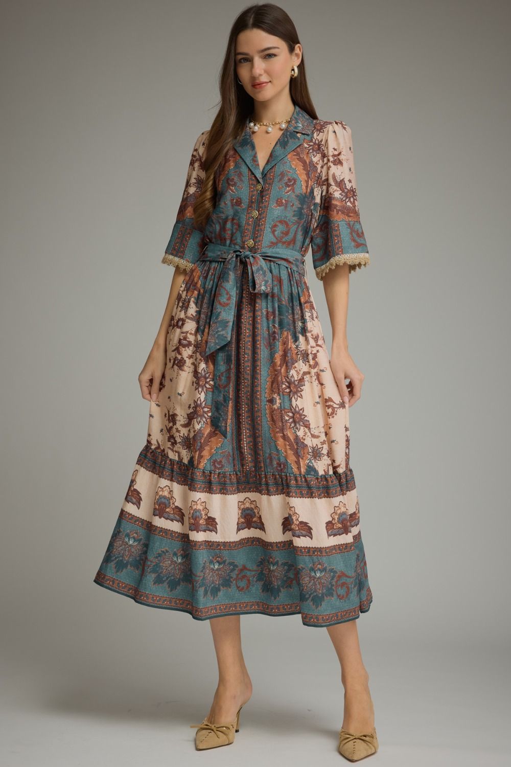 Vintage Paisley Belted Midi Dress 🍂✨