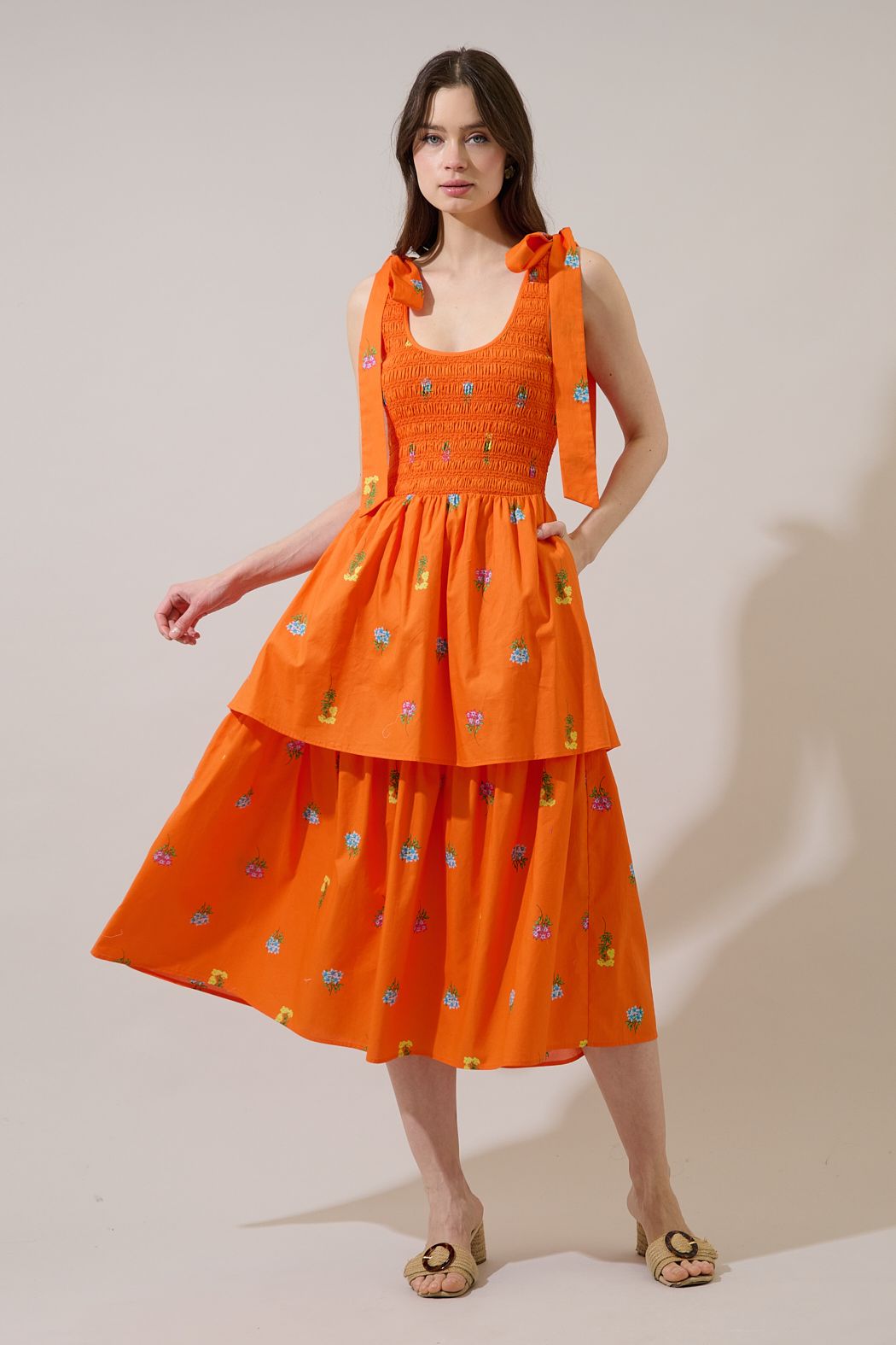 Orange Smocked Midi Dress w/ Floral Details