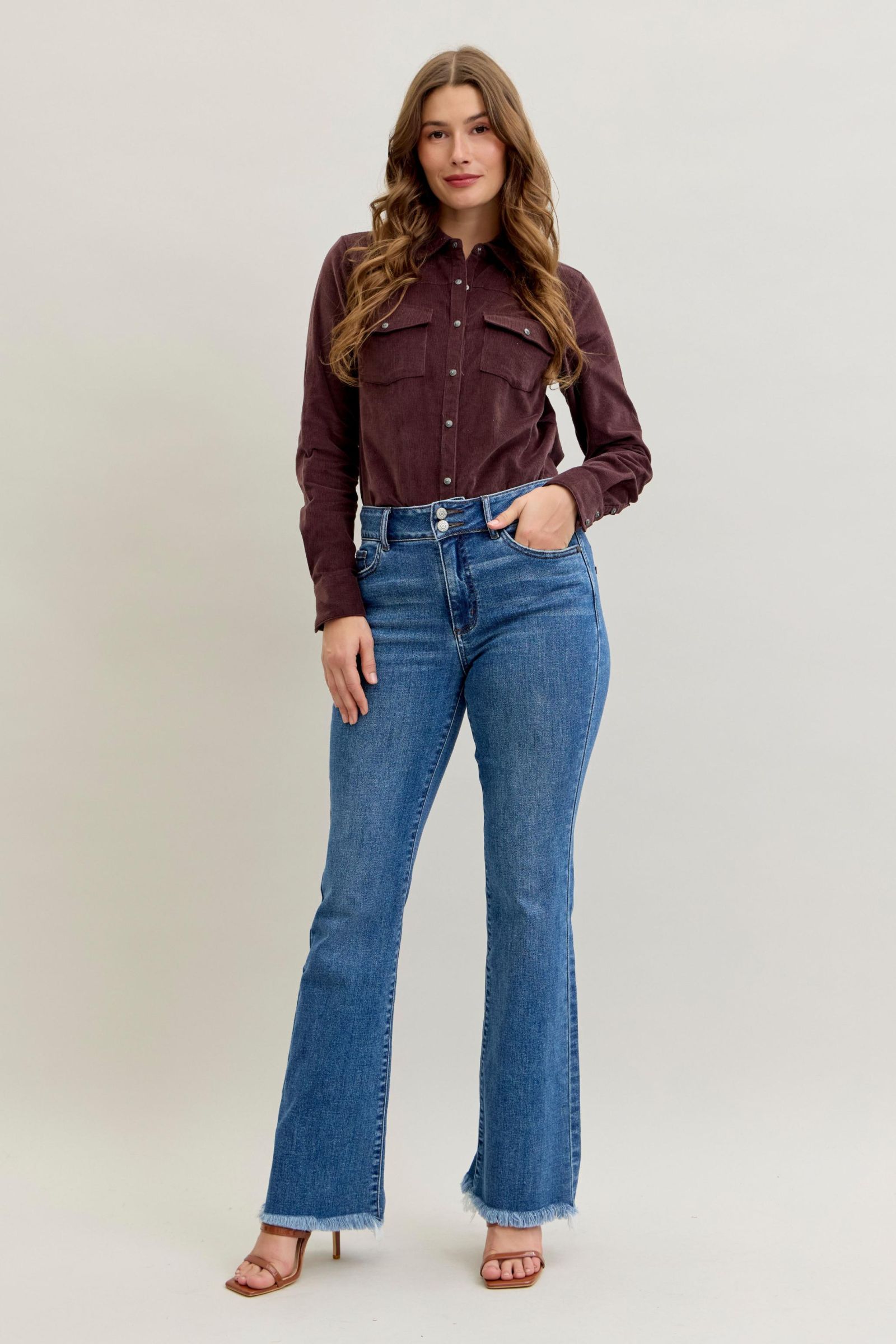 Judy Blue High Waist Bootcut Double Button Fray Hem Jeans