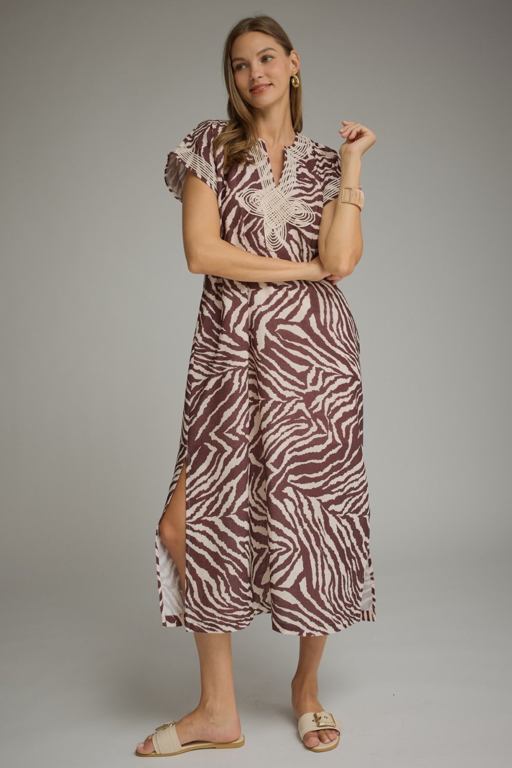Zebra Print Crochet Trim Midi Dress 🤎