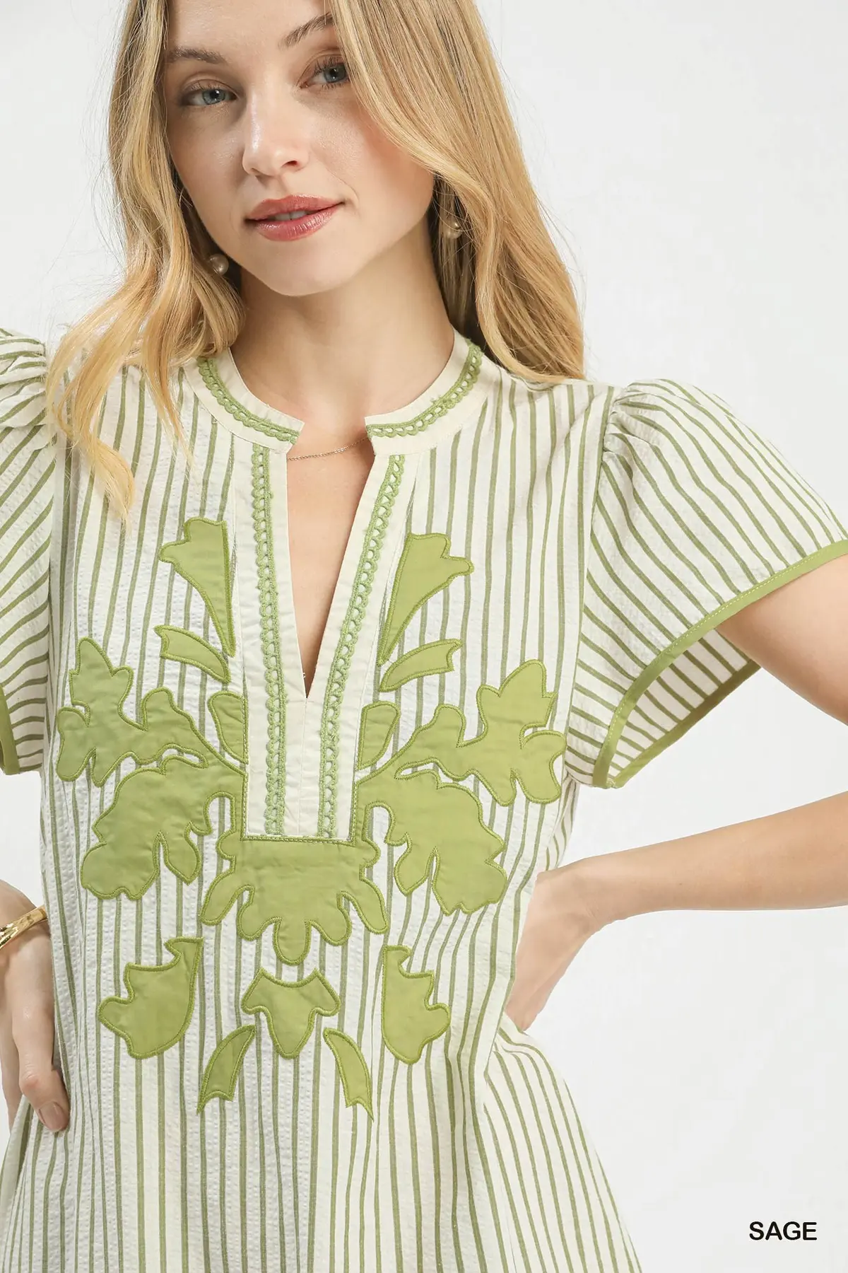 Sage Pinstripe Appliqué MIdi Dress