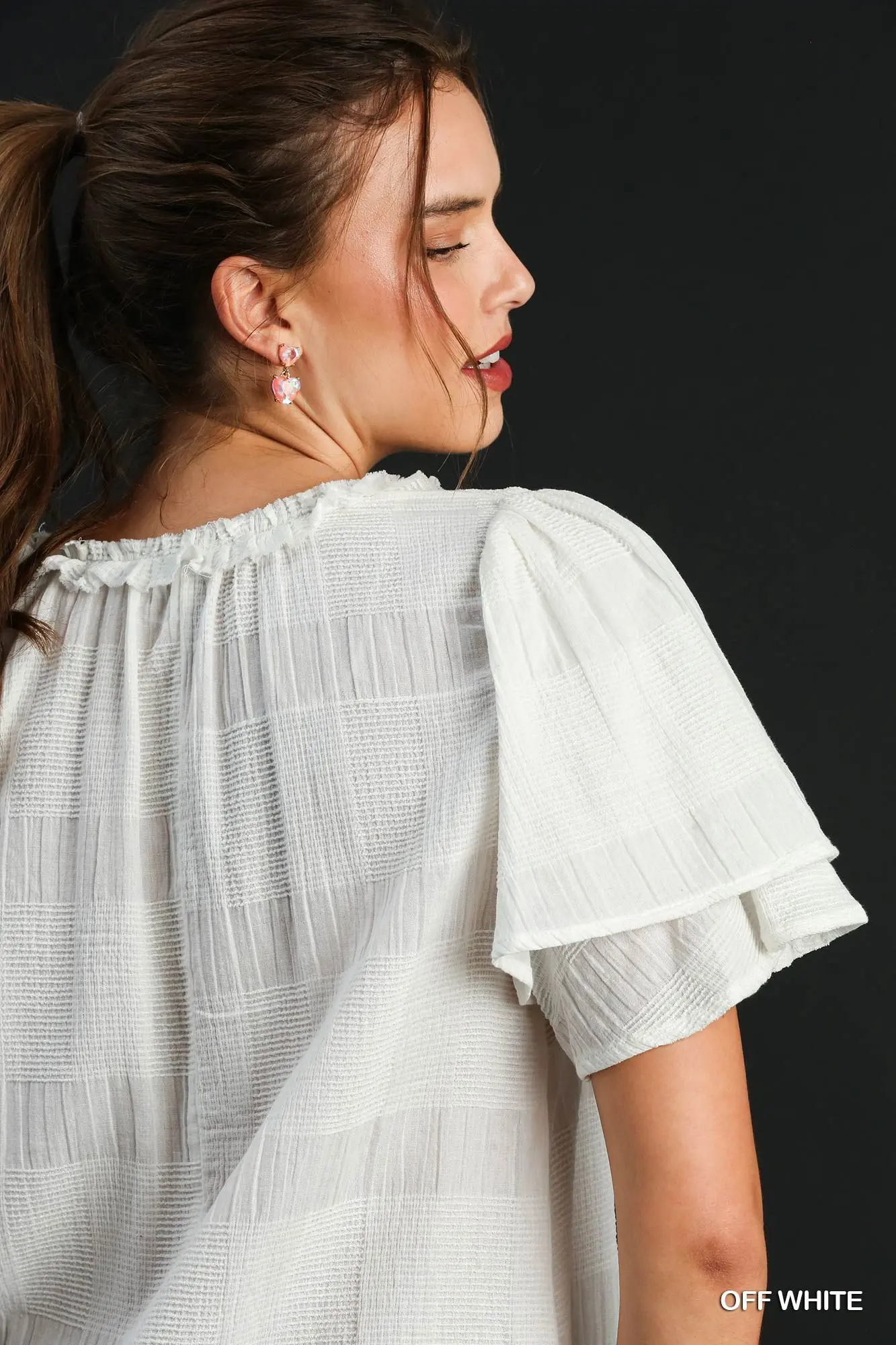Off-White Textured Short Ruffle Sleeve Babydoll Top