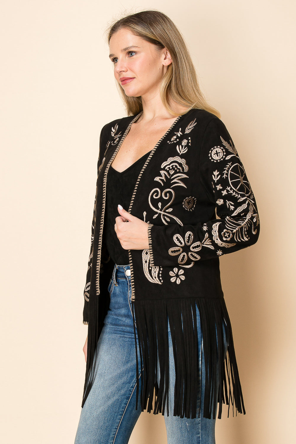 Black Ultra Suede Fringe Jacket w/ Taupe Embroidery