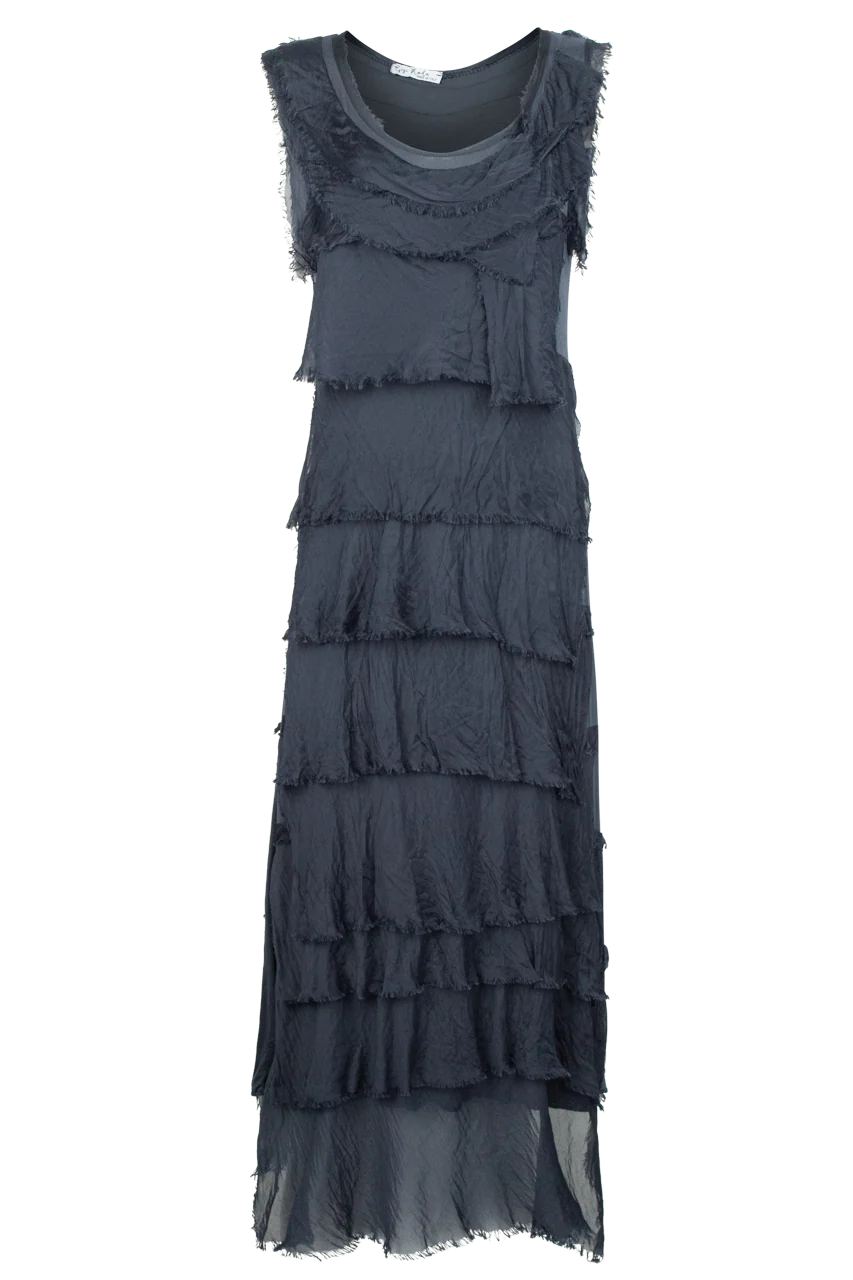 Black Silk Ankle Length Ruffle Dress