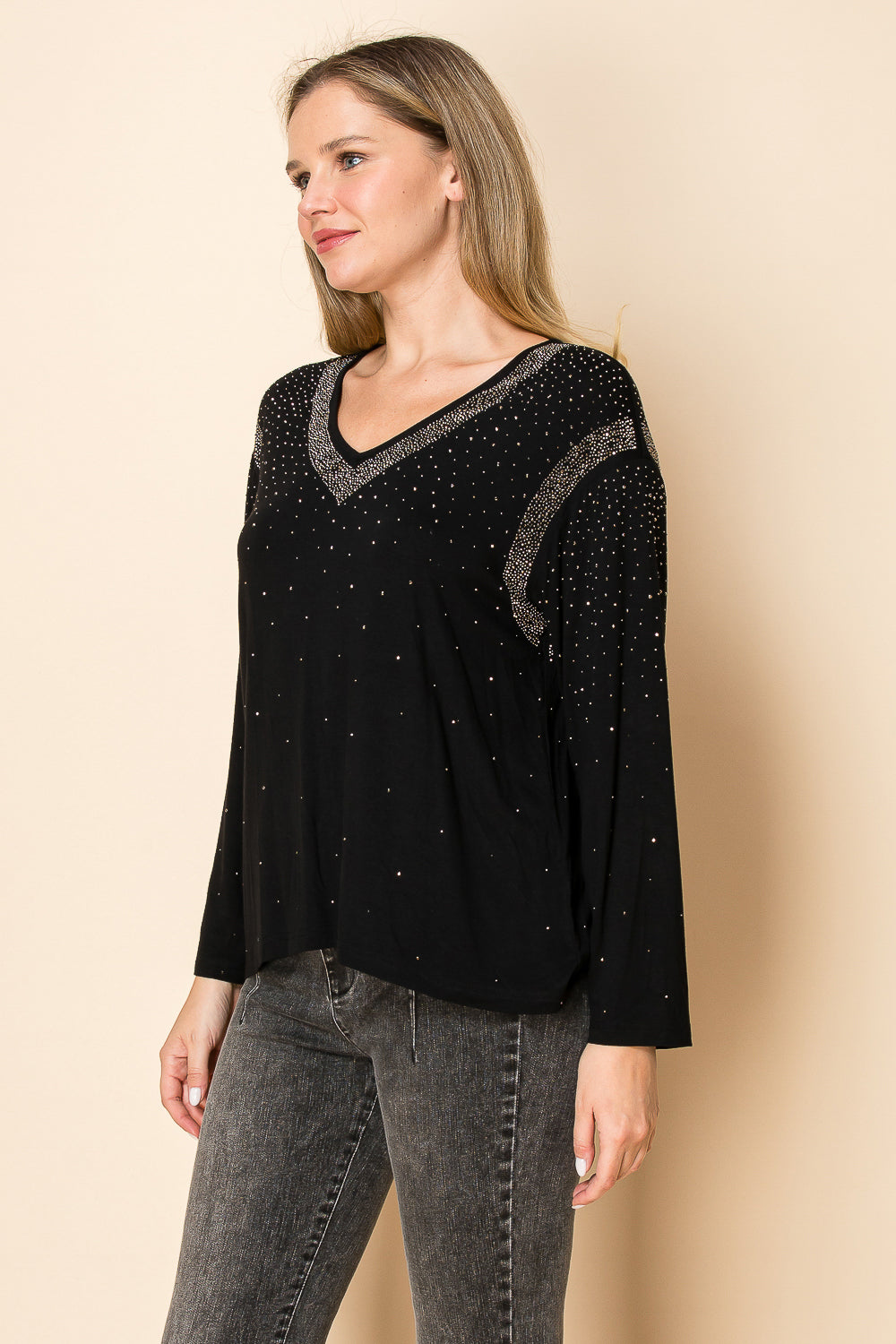 Black Long Sleeve V-Neck Top w/ Rhinestone Details