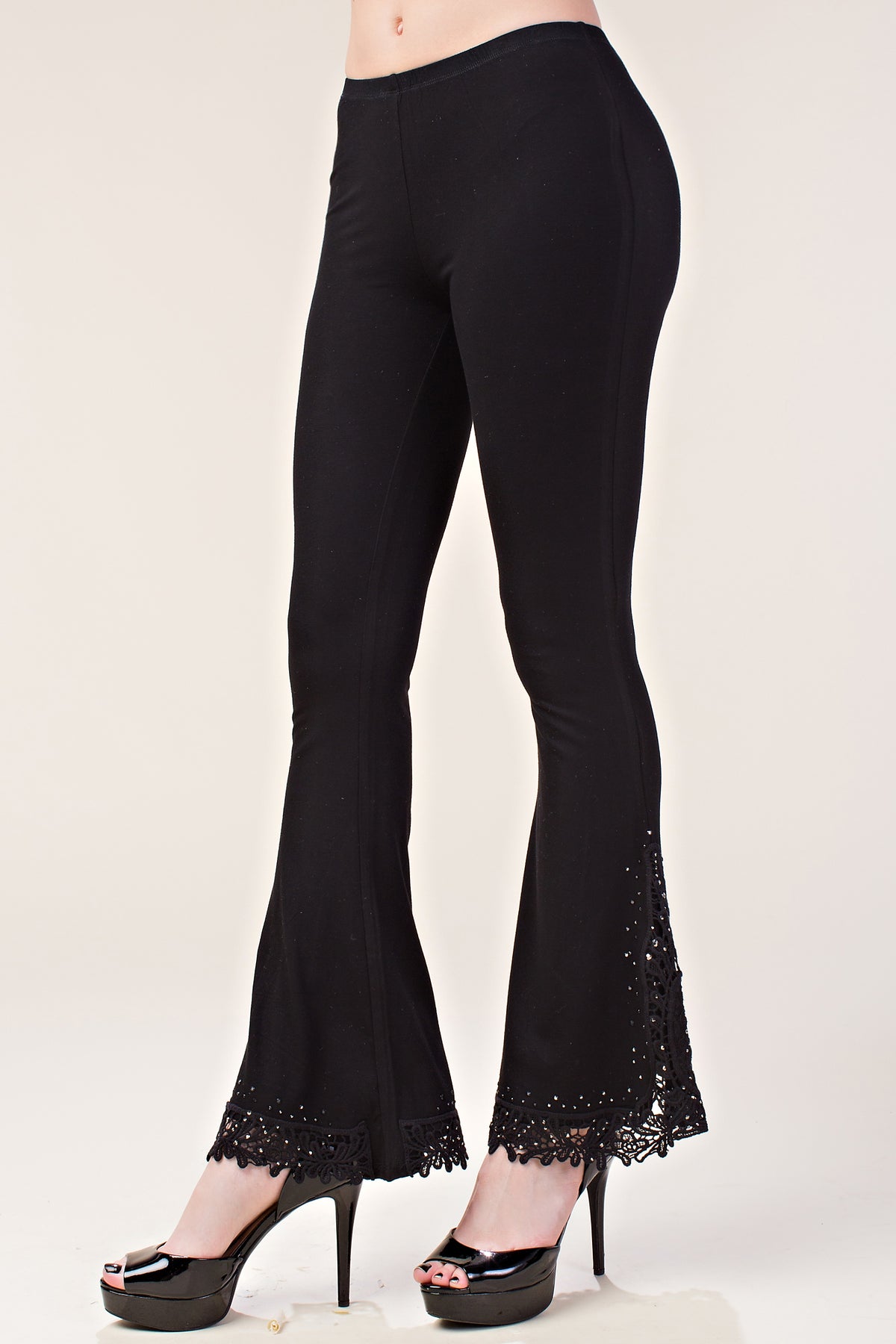 Black Bell Bottom Knit Pants w/ Lace & Crochet display picture 1