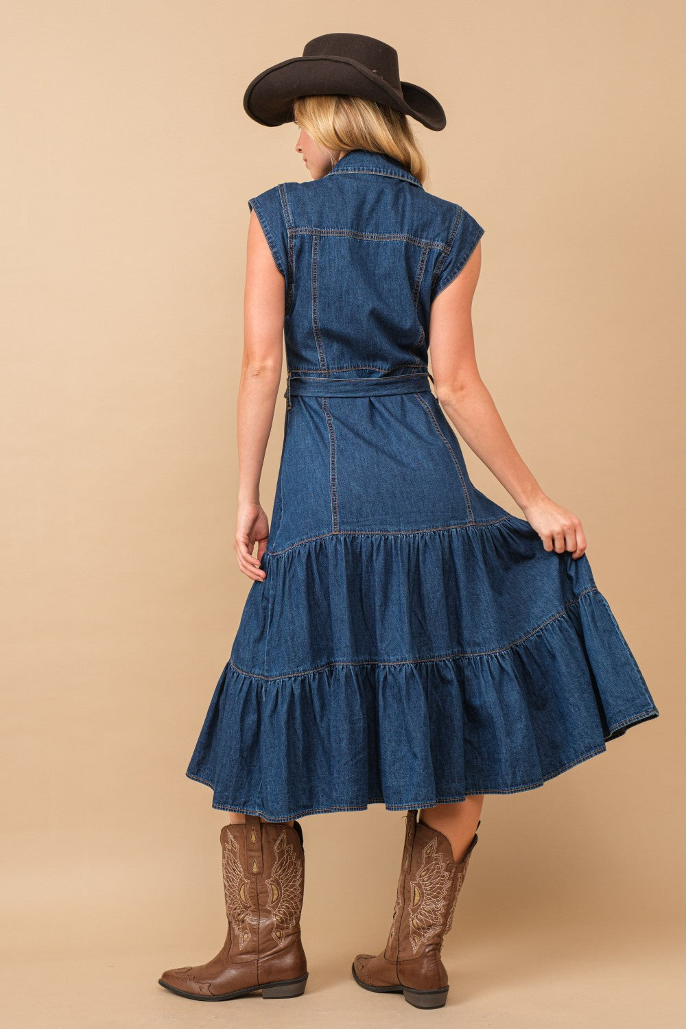 Belted Button-Up Tiered Denim Midi Dress