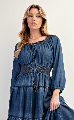Smocked & Tiered Denim Maxi Dress