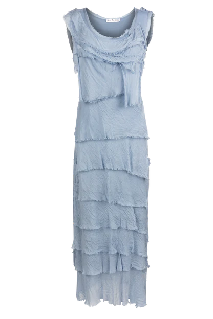 Blue Silk Ankle Length Ruffle Dress