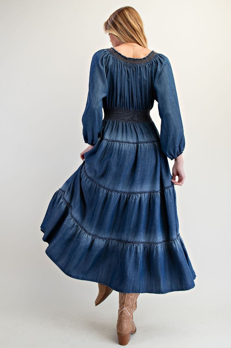 Smocked & Tiered Denim Maxi Dress
