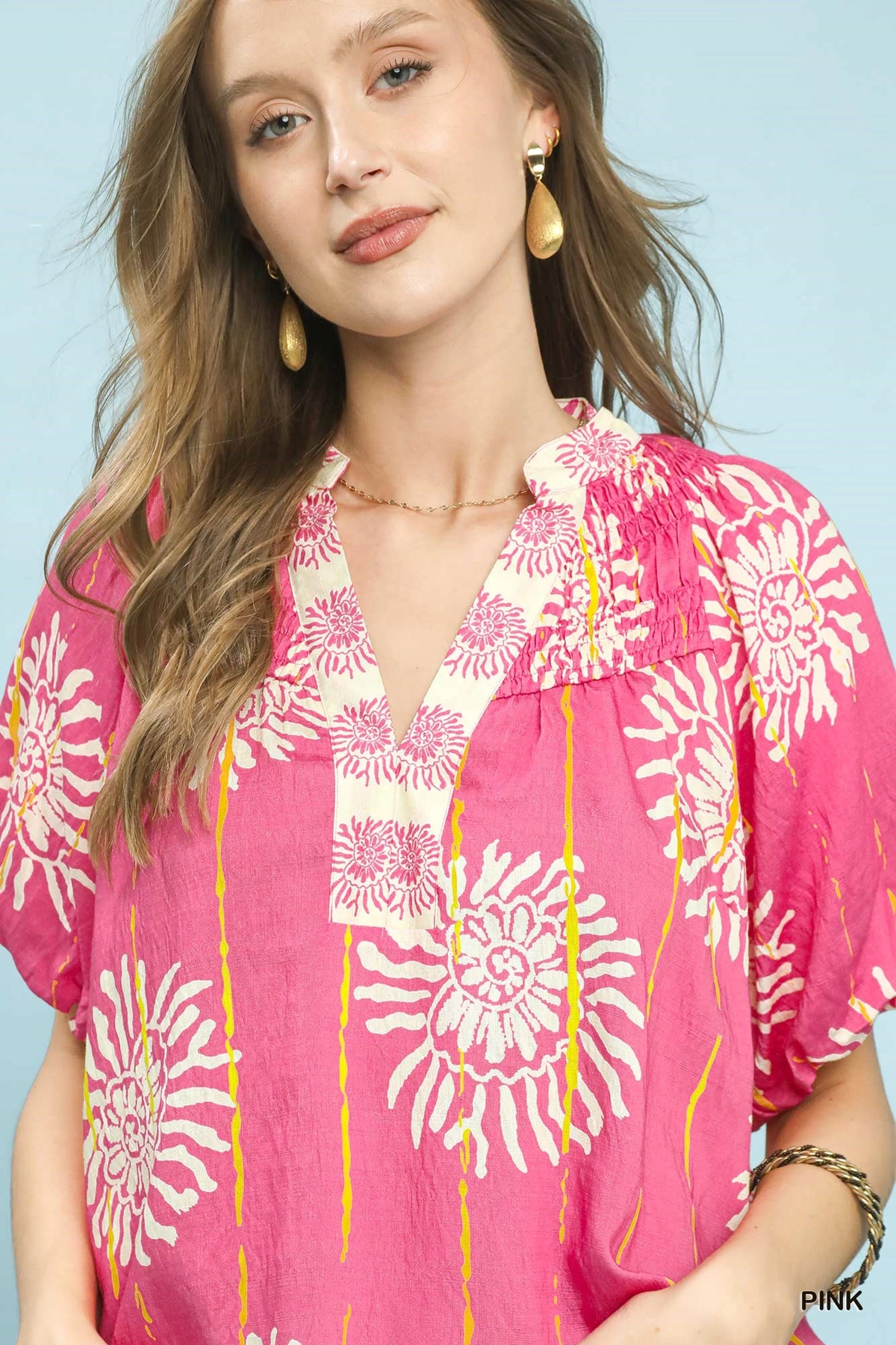 Bright Pink Floral Smocked V-Neck Blouse