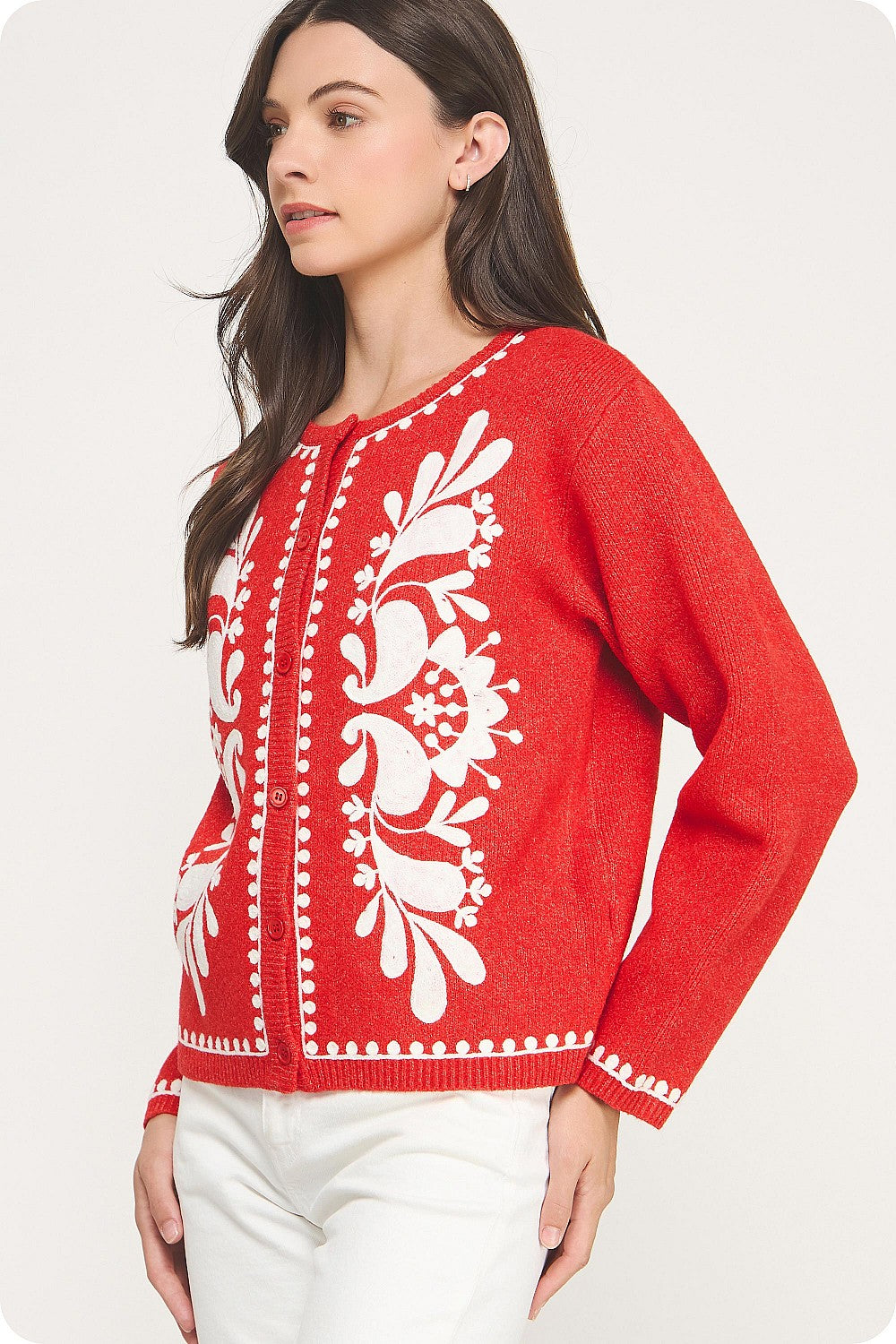 Red w/ White Embroidery Cardigan Sweater