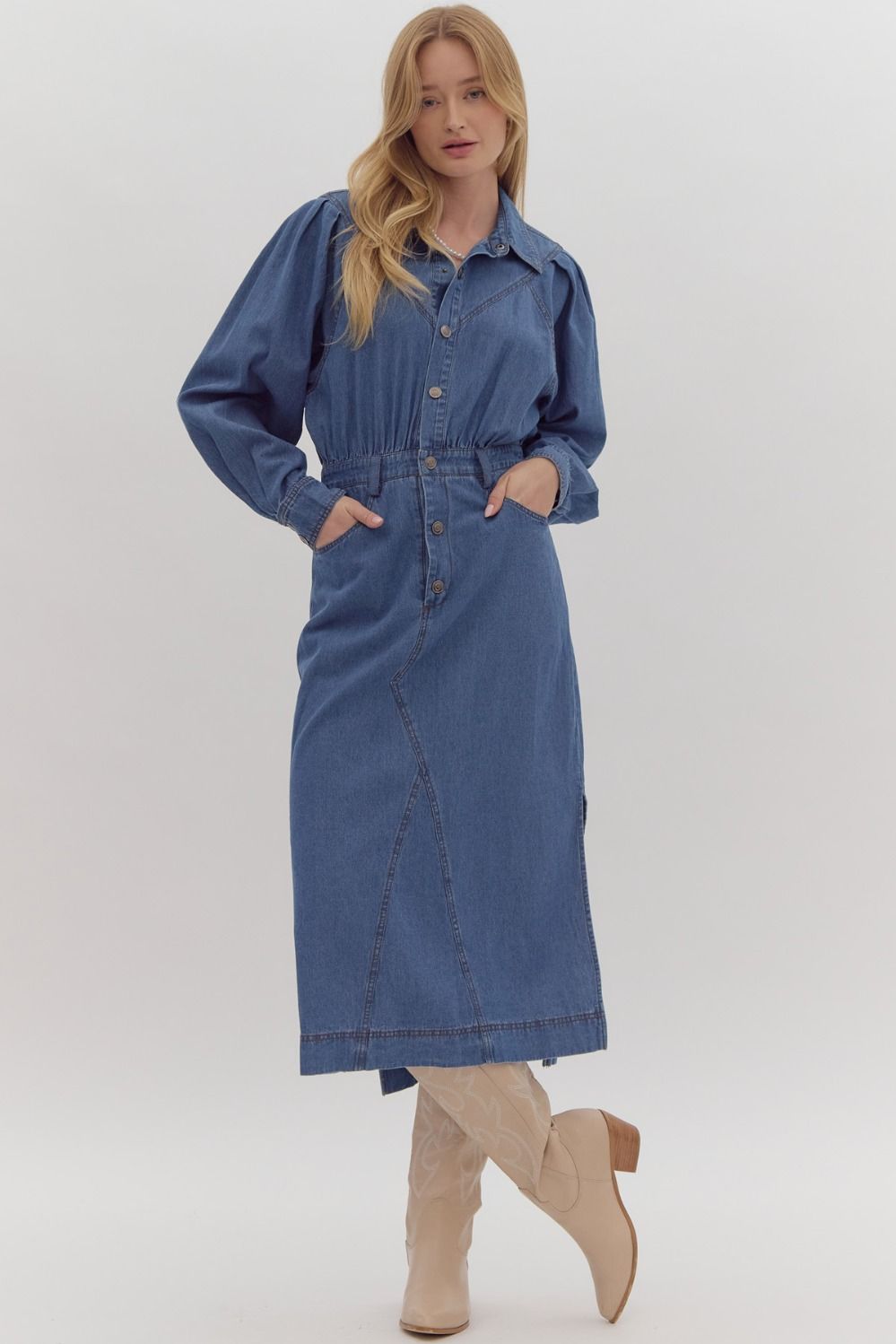 chinese dress ladies Denim Midi Shirt Dress w/ Side Slit