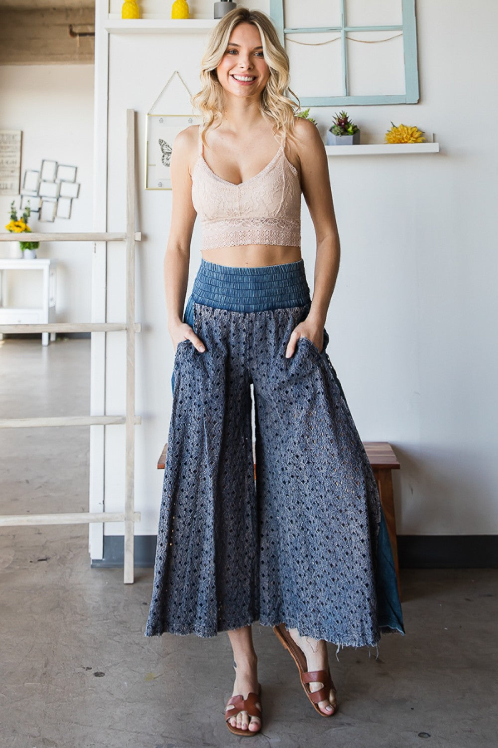Navy Mineral Washed Lace Wide Pants