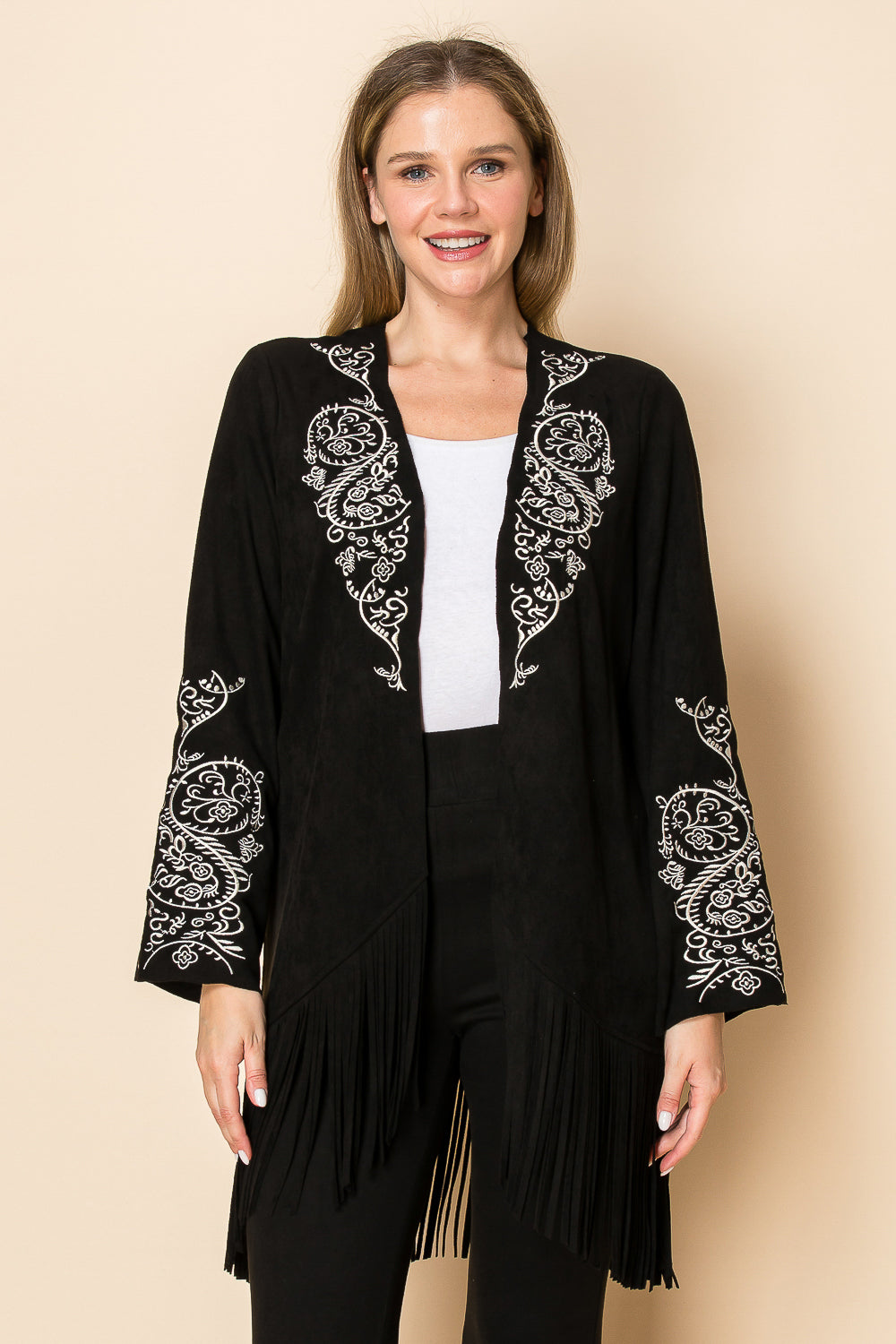 Black Ultra Suede Blazer Jacket w/ Fringe & Embroidery
