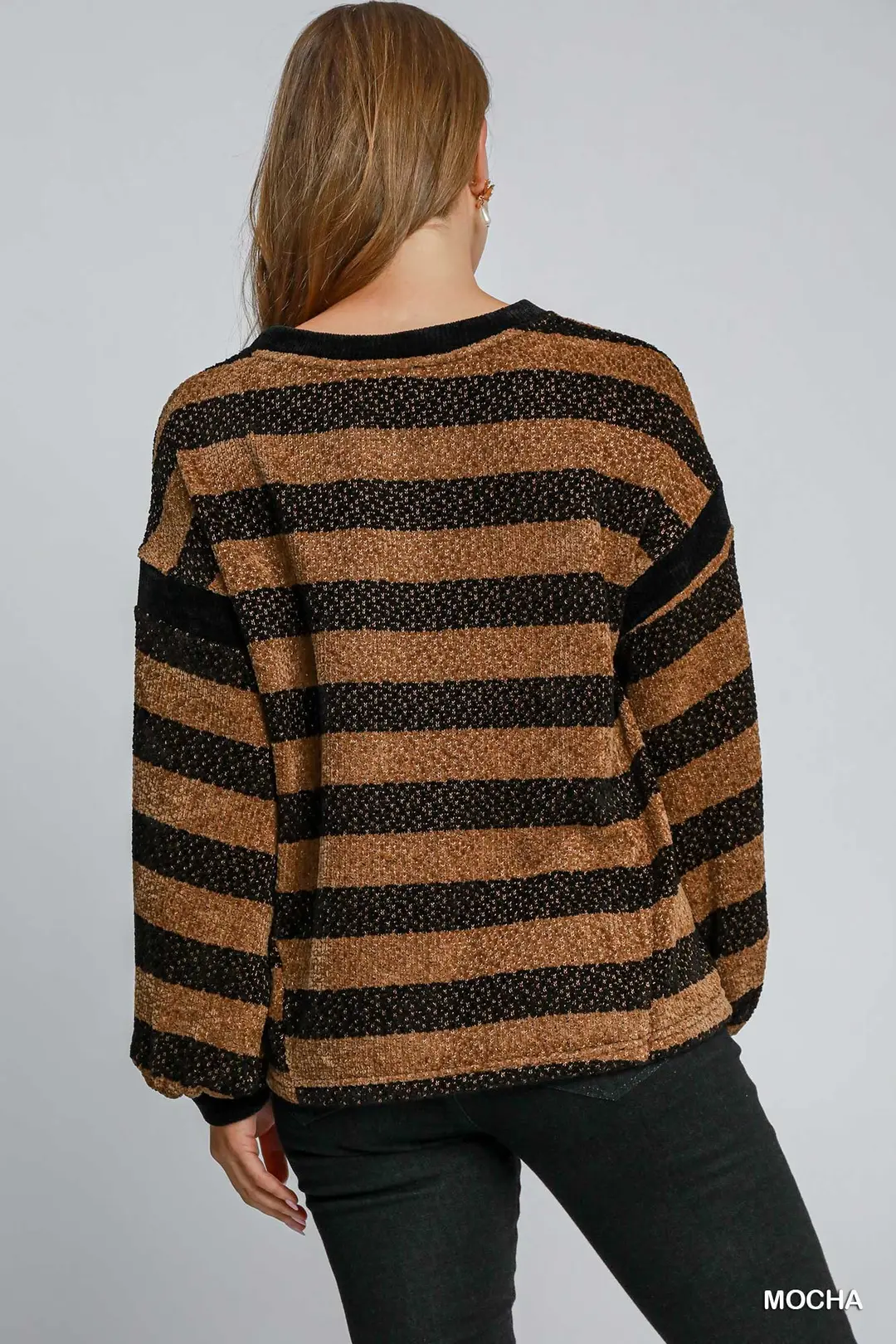 Warm & Cozy Black & Mocha Striped Knit Top